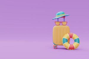 valise jaune avec des éléments colorés de plage d'été, tourisme et plan de voyage au concept de voyage, vacances de vacances, heure d'été, rendu 3d photo