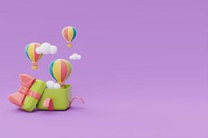 coffret cadeau ouvert avec ballon à air chaud coloré et nuage flottant sur fond violet, concept d'heure d'été, rendu 3d. photo