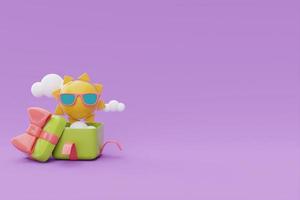 coffret cadeau ouvert, soleil avec lunettes de soleil et nuages flottant sur fond violet, concept d'heure d'été, rendu 3d. photo