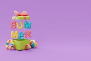 boîte-cadeau ouverte avec anneau gonflable coloré et texte de ballon coloré de l'été sur fond violet, concept d'heure d'été, rendu 3d. photo