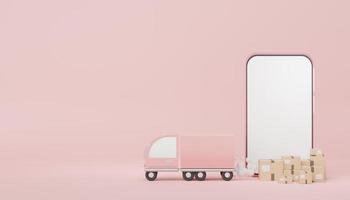 Rendu 3d de colis de boîtes en carton marron avec camion pour une maquette et un design créatif. concept de magasinage en ligne. concept de livraison en ligne avec fond pastel. photo