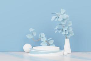 rendu 3d de l'affichage abstrait du podium du piédestal avec des feuilles tropicales et une scène de plantes pastel bleues. concept de produit et de promotion pour la publicité. fond naturel pastel bleu. photo