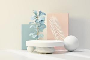 rendu 3d de l'affichage abstrait du podium du piédestal avec des feuilles tropicales et une scène de plantes pastel bleues. concept de produit et de promotion pour la publicité. fond naturel pastel bleu. photo