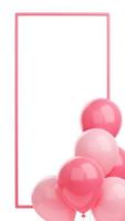 bannière de félicitations avec ballons roses et cadre sur fond blanc - rendu 3d histoire des médias sociaux photo