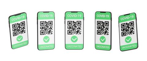 certificat de vaccination covid vert - code qr et coche sur l'écran du téléphone portable rendu 3d. photo