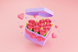 bouquet de fleurs dans une boîte en forme de coeur avec arc - illustration de rendu 3d de la composition florale pour la bannière de la saint-valentin. photo