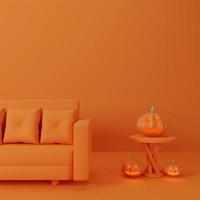 concept joyeux halloween dans l'appartement distanciation sociale et canapé avec fantôme de citrouille sur chaise, fond orange. rendu 3d photo