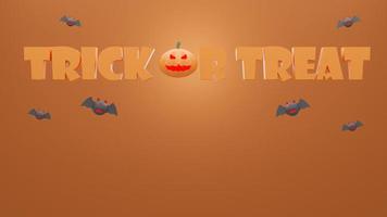 joyeux halloween, concept trick or treat logo 3d avec dessin animé de chauve-souris et fantôme de citrouille sur fond orange. rendu 3d photo