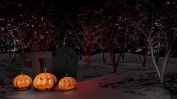 concept heureux fantôme de citrouille d'halloween avec crucifix et tombe, dans le fond de la forêt d'arbres de nuit. rendu 3d photo