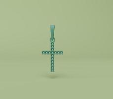 Rendu 3d du pendentif classique collier croix diamant isolé sur fond pastel, scène minimale de fond 3d photo