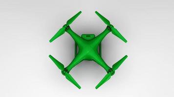 Rendu 3d drone aérien télécommandé moderne de couleur verte volant avec caméra d'action sur fond blanc photo