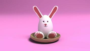 3D render white bunny face oeuf de pâques lapin avec réglage longue oreille sur panier sur fond rose photo