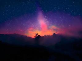 voie lactée et lumière rose dans les montagnes. paysage coloré de nuit. ciel étoilé avec des collines. bel univers. arrière-plan de l'espace avec galaxie. fond de voyage photo