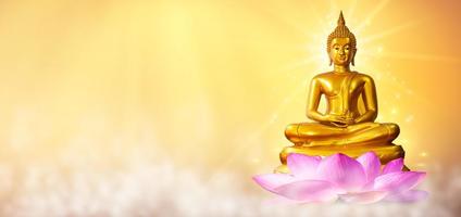 bouddha, statue, eau, lotus, bouddha, debout, sur, fleur lotus, sur, fond orange photo