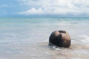 nature tropicale plage propre sable blanc et noix de coco en été avec soleil ciel bleu clair et bokeh.