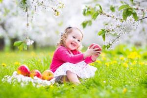 adorable bambin girl eating apple dans un jardin fleuri photo