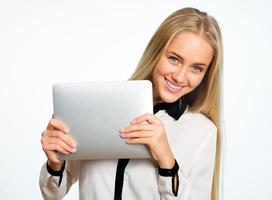 femme affaires, à, tablette, informatique
