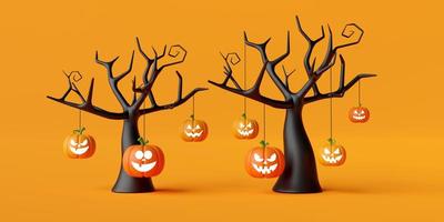 citrouilles jack o lanterne suspendues avec un arbre mort, illustration 3d de la bannière d'halloween heureux photo