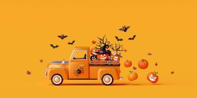 Illustration 3d de la bannière d'halloween heureux avec des citrouilles jack o lantern et un camion d'halloween photo