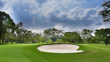 une vue paysage herbe verte au terrain de golf, grands arbres avec fond de ciel de lumière du soleil photo