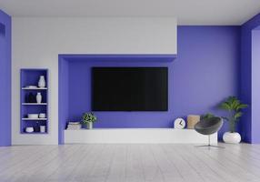 tv led sur le mur bleu fantôme du salon, design minimal.