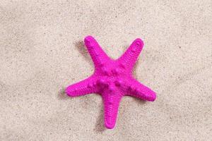 étoile de mer rose sur la vue de dessus en gros plan de sable. étoiles de mer sur la plage. fond d'été de plage avec du sable, de la mer et du fond photo