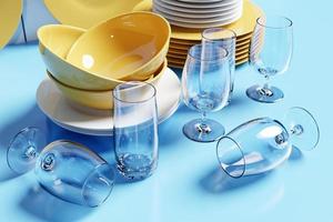 ensemble d'assiettes, verres, verres propres. Illustration 3D. vaisselle réaliste, ustensiles de cuisine pliés. une pile de plats en céramique.