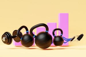 Illustration 3d, haltères noirs, kettlebells et bandes de fitness sur fond de graphique de croissance photo