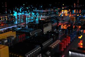 carte de circuit imprimé avec micropuces, processeurs et autres pièces informatiques sur fond sombre. rendu 3D photo