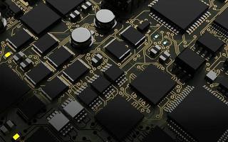 puce de processeur sur une carte de circuit imprimé en rétro-éclairage rouge. illustration 3d sur le thème de la technologie et de la puissance de l'intelligence artificielle. photo