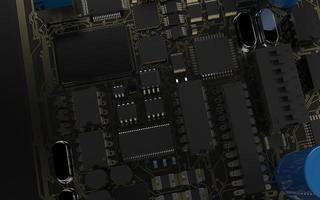 puce de processeur sur une carte de circuit imprimé en rétro-éclairage rouge. illustration 3d sur le thème de la technologie et de la puissance de l'intelligence artificielle. photo