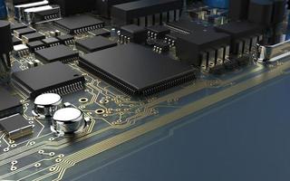 puce de processeur sur une carte de circuit imprimé en rétro-éclairage rouge. illustration 3d sur le thème de la technologie et de la puissance de l'intelligence artificielle.