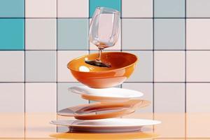 un ensemble d'assiettes, de verres et de verres propres se dispersent dans différentes directions. Illustration 3D. vaisselle réaliste, ustensiles de cuisine pliés. une pile de plats en céramique. photo
