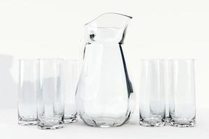 une carafe et un verre de lait, d'eau ou de jus sur un fond blanc isolé. illustration 3d photo