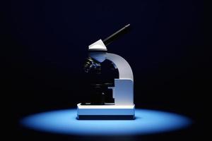 Illustration 3d microscope de laboratoire réaliste sans fond noir. Chimie 3d, instrument pharmaceutique, instrument grossissant microbiologique.