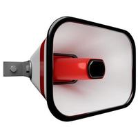 haut-parleur en verre de dessin animé rouge et blanc sur un fond monochrome blanc. Illustration 3D d'un mégaphone. symbole publicitaire, concept de promotion. photo