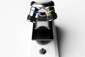 microscope 3d réaliste sur fond blanc, équipement de laboratoire. microscope pour la recherche en laboratoire photo