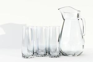 une carafe et un verre de lait, d'eau ou de jus sur un fond blanc isolé. illustration 3d photo