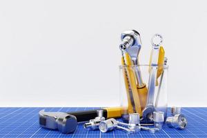 concept de service de magasin d'outils de construction. ensemble de tous les outils pour le constructeur de réparation à domicile sur fond blanc. photo