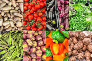 collage de nourriture légume différents types de fruits sur le comptoir du magasin du marché repas sain régime alimentaire snac copie espace arrière-plan alimentaire vue de dessus rustique photo