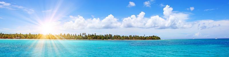 île tropicale avec palmiers et panorama de la plage en arrière-plan photo