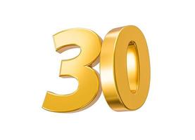 30 pour cent de réduction sur la vente. or pour cent isolé sur fond blanc célébration du 30e anniversaire nombres d'or 3d illustration 3d