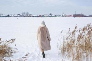 jeune fille en vêtements beiges, manteau de fourrure en fourrure artificielle se promène en hiver photo