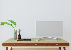 mur de maquette avec table dans le salon avec un mur blanc salon moderne avec moniteur. Table de meuble de design d'intérieur scandinave et plantes avec mur blanc. espace de copie. rendu 3d. photo