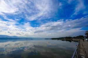 kwan phayao un lac dans la province de phayao, au nord de la thaïlande. tir avec la règle des tiers entre rivière, nuage et ciel. photo
