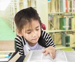 une fille asiatique lit un livre dans une bibliothèque photo