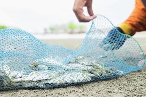 le pêcheur met du poisson dans le sac en filet en plastique sur une plage photo