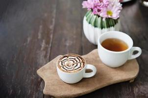 Boisson chaude café et thé set recette relax concept d'arrière-plan - boisson chaude rafraîchissement concept d'arrière-plan photo
