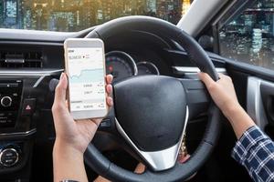 femme d'affaires conducteur un écran tactile de smartphone blanc vérifier la bourse ou l'échange et main tenant le volant dans une voiture avec fond de ville de nuit photo
