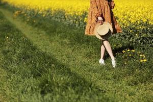 photo recadrée d'une jeune femme se promène dans un champ de colza jaune. fille brune cheveux longs voler dans le vent vêtue d'une robe et d'un chapeau de paille. notion de vacances d'été